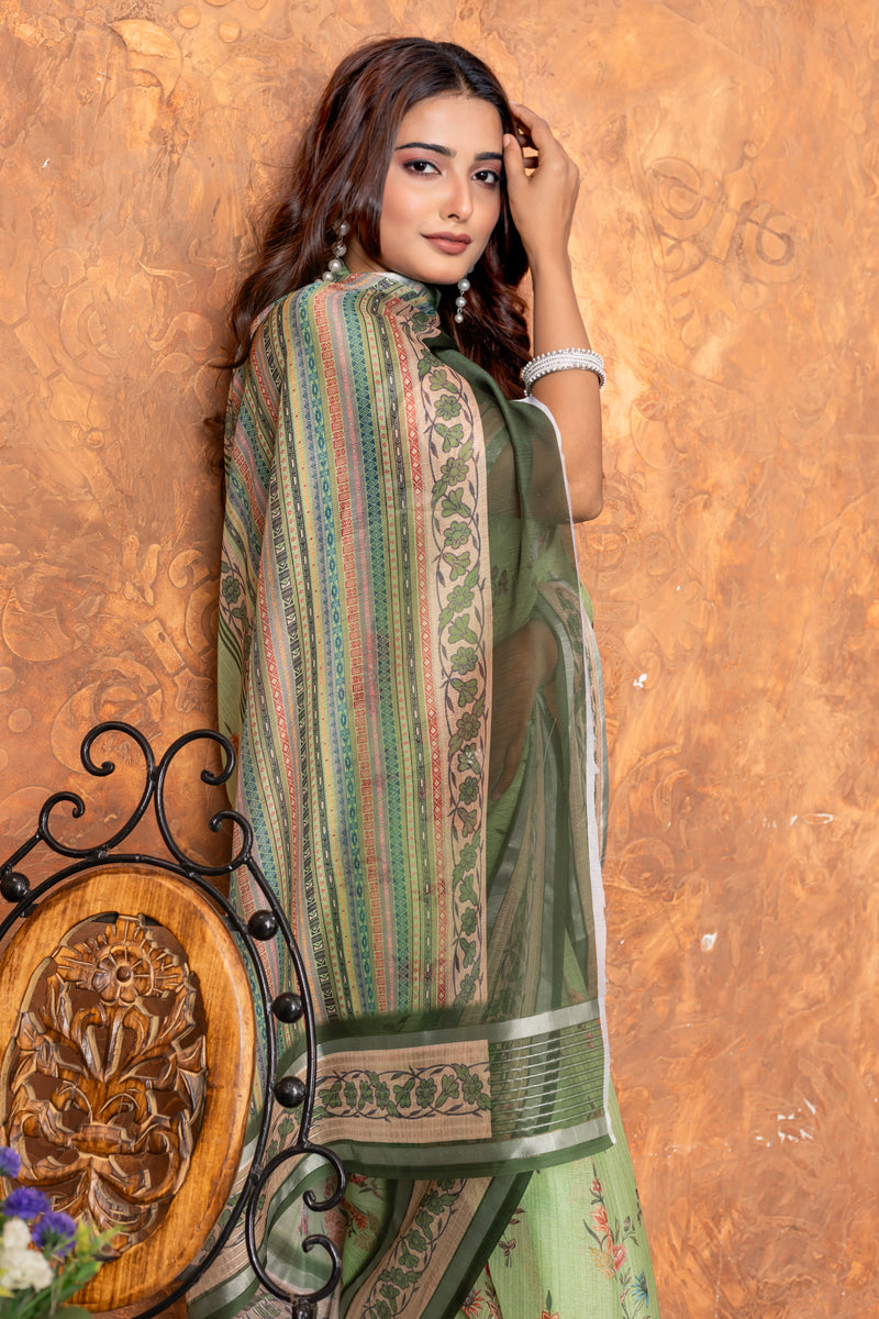 Avantika Elegant Chiffon Saree with Silver Patti & Floral Print – Perfect for Special Occasions