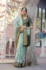 ADHIRA-Elegant Mint Green Floral Printed Saree with Rich Antique Gold Zari Border and Traditional Silk Designer Ethnic Drape