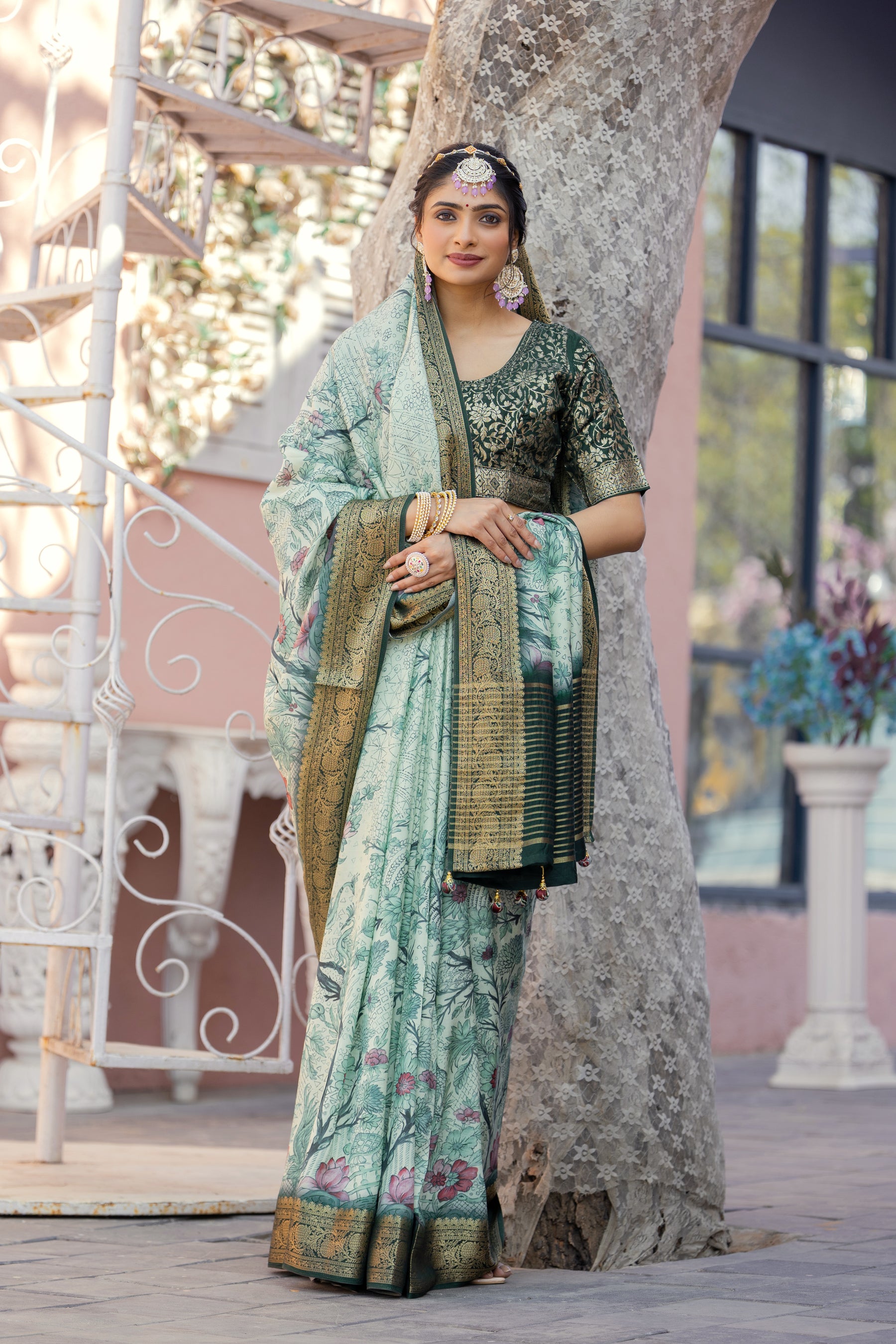 ADHIRA-Elegant Mint Green Floral Printed Saree with Rich Antique Gold Zari Border and Traditional Silk Designer Ethnic Drape