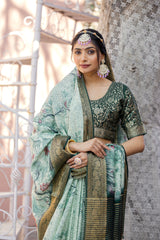 ADHIRA-Elegant Mint Green Floral Printed Saree with Rich Antique Gold Zari Border and Traditional Silk Designer Ethnic Drape