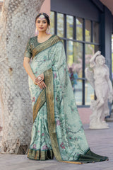 ADHIRA-Elegant Mint Green Floral Printed Saree with Rich Antique Gold Zari Border and Traditional Silk Designer Ethnic Drape