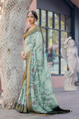 ADHIRA-Elegant Mint Green Floral Printed Saree with Rich Antique Gold Zari Border and Traditional Silk Designer Ethnic Drape