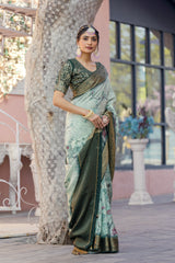 ADHIRA-Elegant Mint Green Floral Printed Saree with Rich Antique Gold Zari Border and Traditional Silk Designer Ethnic Drape