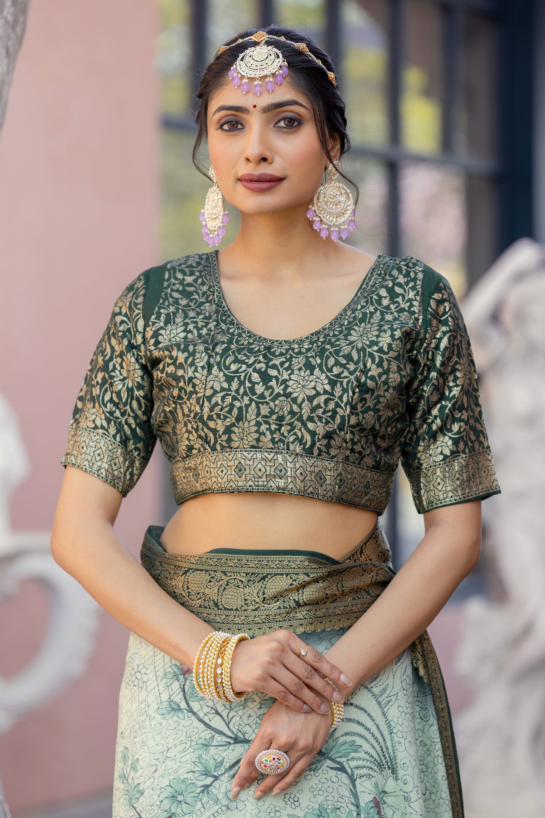 ADHIRA-Elegant Mint Green Floral Printed Saree with Rich Antique Gold Zari Border and Traditional Silk Designer Ethnic Drape