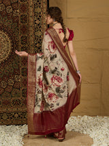 ADHIRA-Elegant Cream Beige Floral Printed Saree with Rich Maroon Antique Zari Border and Luxurious Satin Silk Traditional Designer Drape