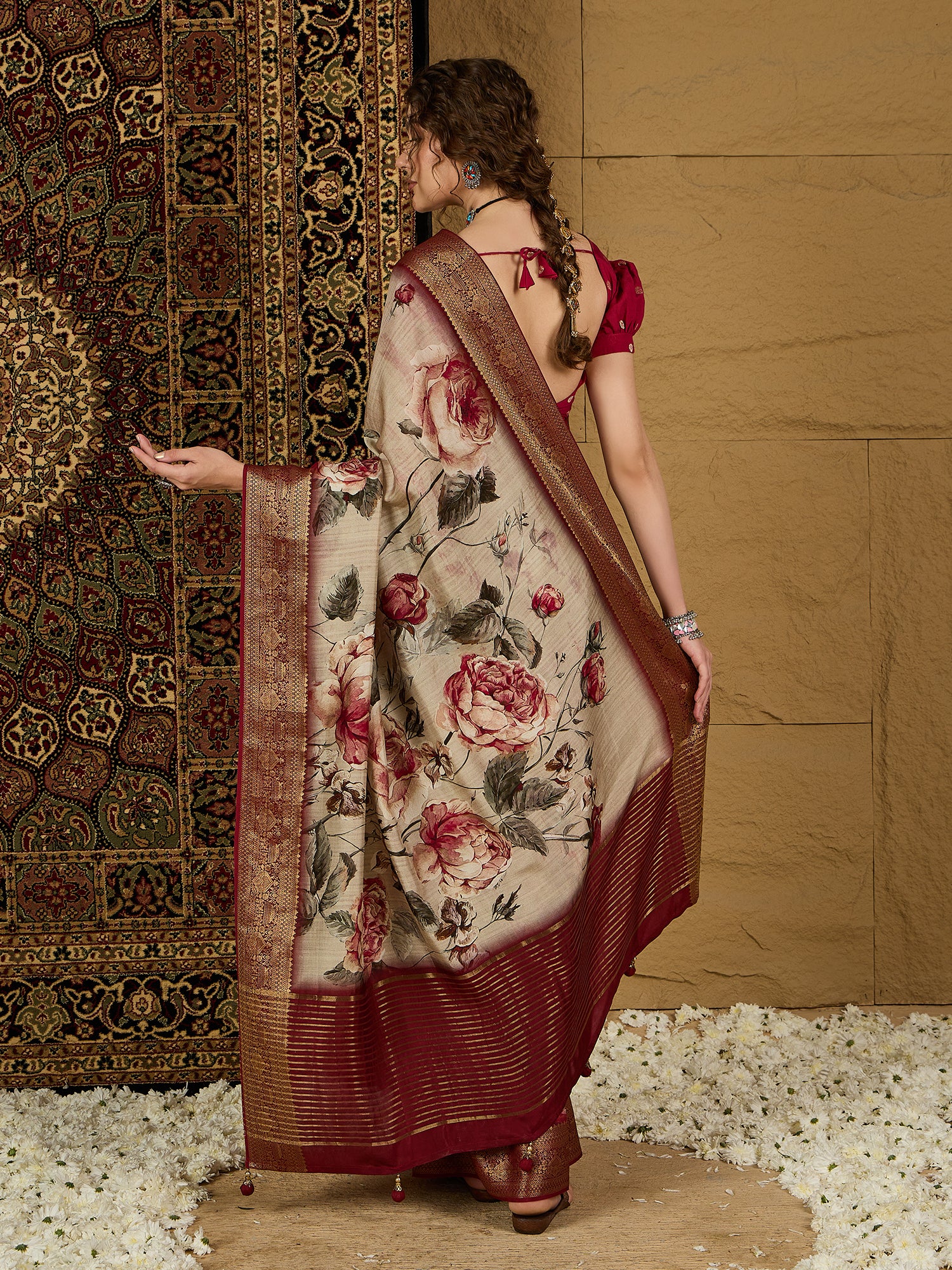 ADHIRA-Elegant Cream Beige Floral Printed Saree with Rich Maroon Antique Zari Border and Luxurious Satin Silk Traditional Designer Drape
