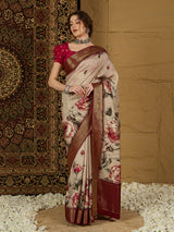 ADHIRA-Elegant Cream Beige Floral Printed Saree with Rich Maroon Antique Zari Border and Luxurious Satin Silk Traditional Designer Drape