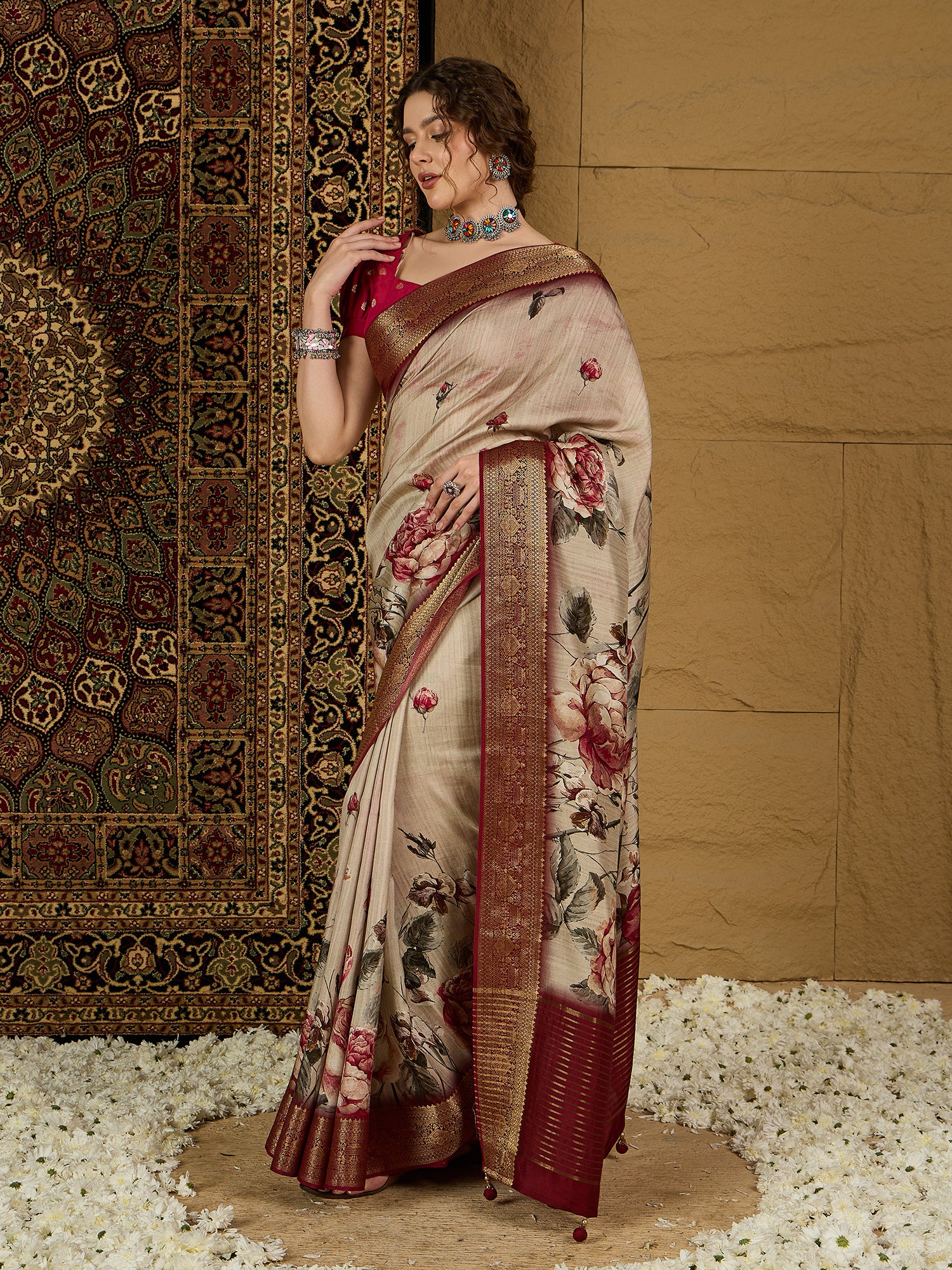ADHIRA-Elegant Cream Beige Floral Printed Saree with Rich Maroon Antique Zari Border and Luxurious Satin Silk Traditional Designer Drape