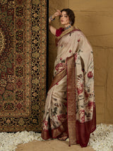 ADHIRA-Elegant Cream Beige Floral Printed Saree with Rich Maroon Antique Zari Border and Luxurious Satin Silk Traditional Designer Drape