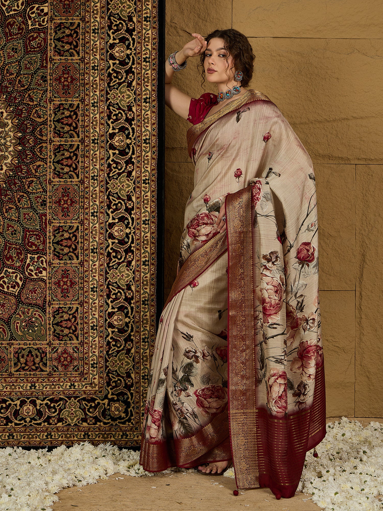 ADHIRA-Elegant Cream Beige Floral Printed Saree with Rich Maroon Antique Zari Border and Luxurious Satin Silk Traditional Designer Drape