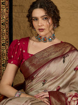 ADHIRA-Elegant Cream Beige Floral Printed Saree with Rich Maroon Antique Zari Border and Luxurious Satin Silk Traditional Designer Drape