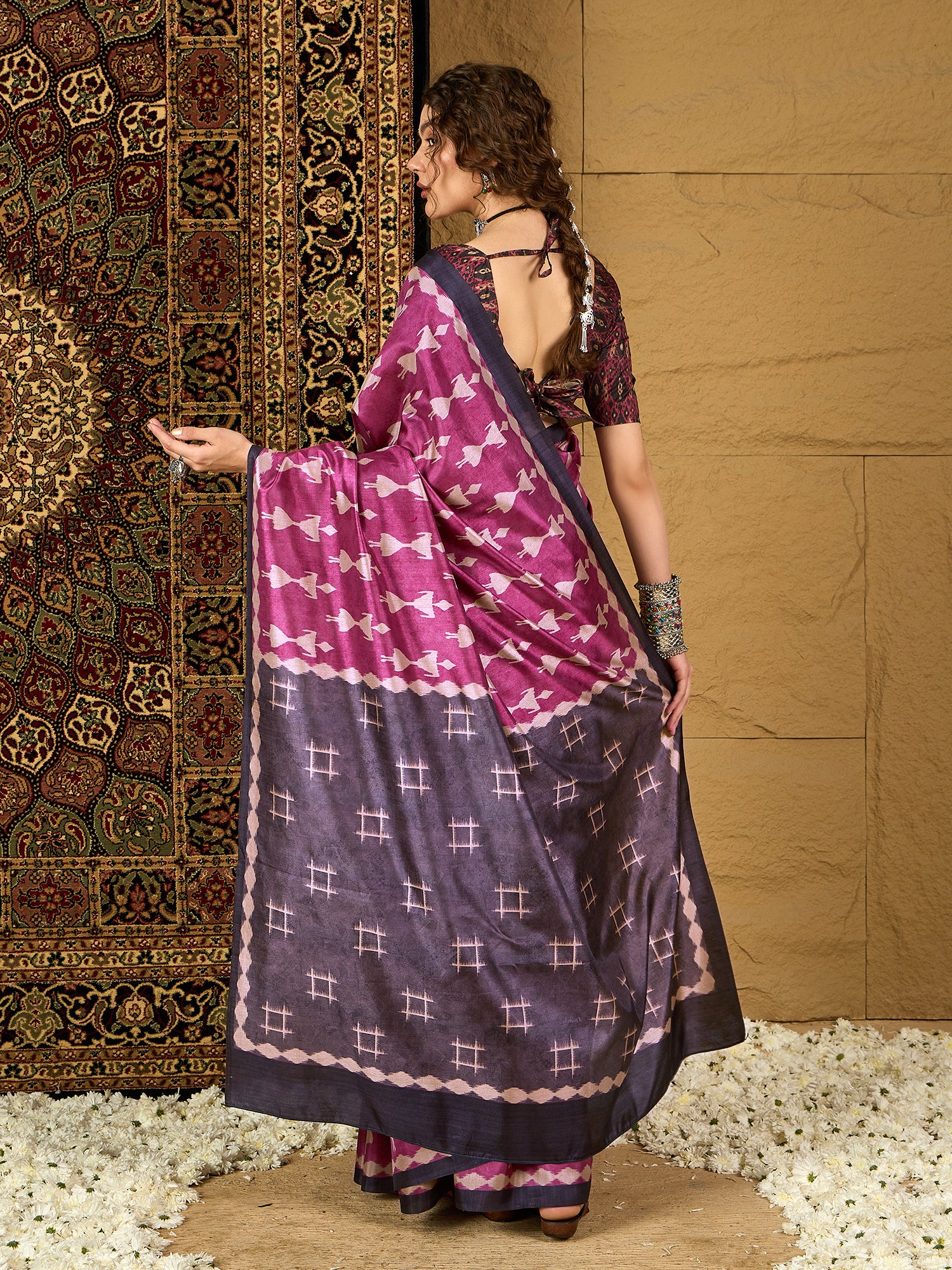 Ikat Print Saree – Contemporary Geometric Designs in Premium Fabric for Effortless Style
