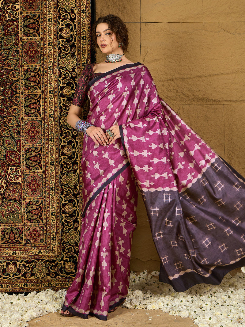 Ikat Print Saree – Contemporary Geometric Designs in Premium Fabric for Effortless Style