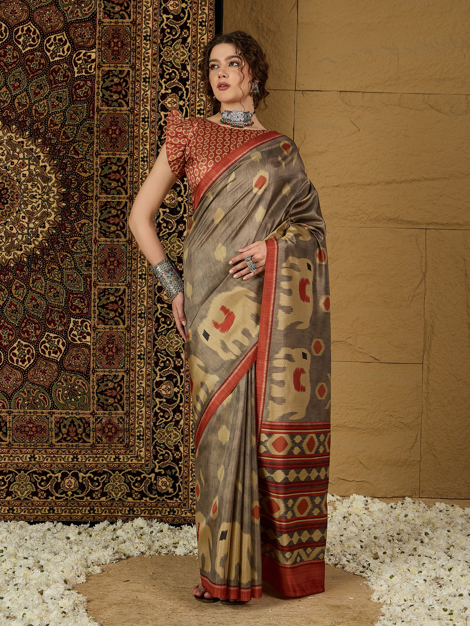 Ikat Print Saree – Elegant Geometric Patterns in Comfortable, Lightweight Fabric