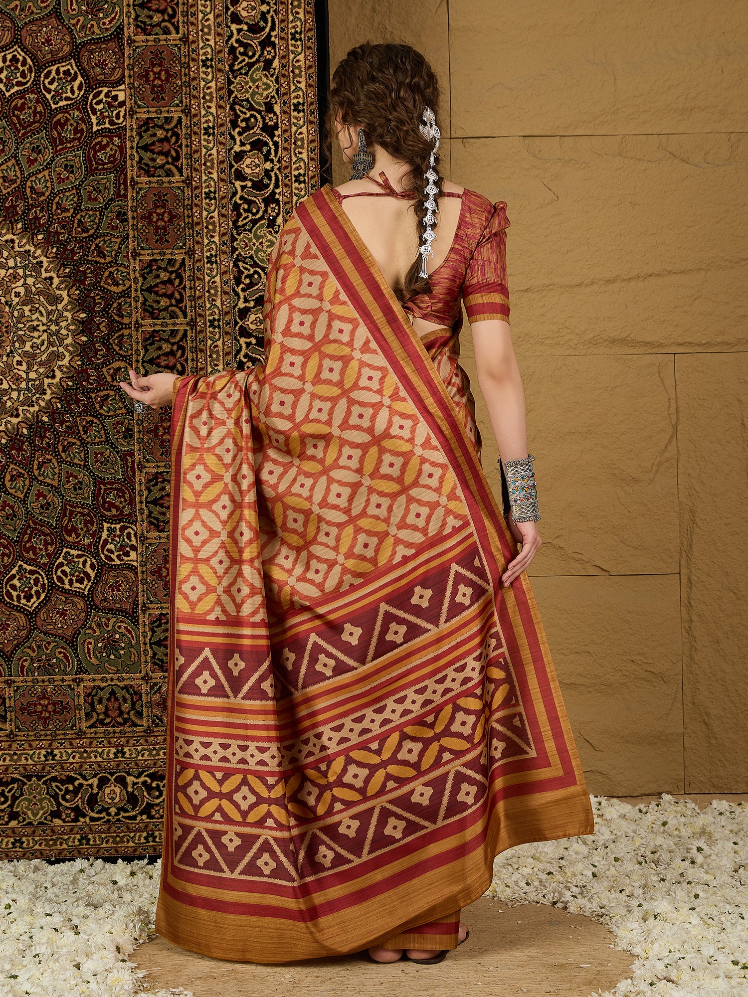 Ikat Print Saree – Contemporary Geometric Designs in Premium Fabric for Effortless Style