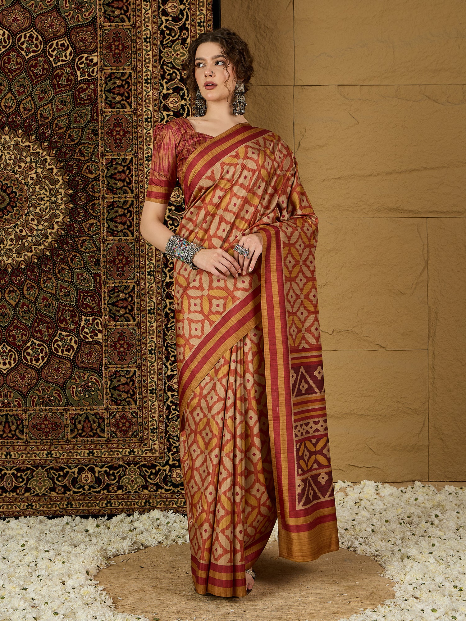 Ikat Print Saree – Contemporary Geometric Designs in Premium Fabric for Effortless Style