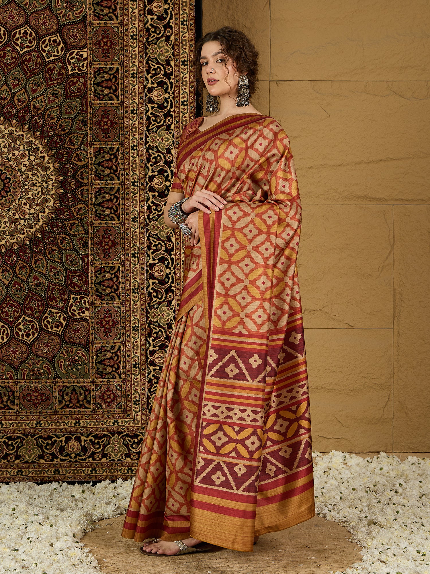 Ikat Print Saree – Contemporary Geometric Designs in Premium Fabric for Effortless Style