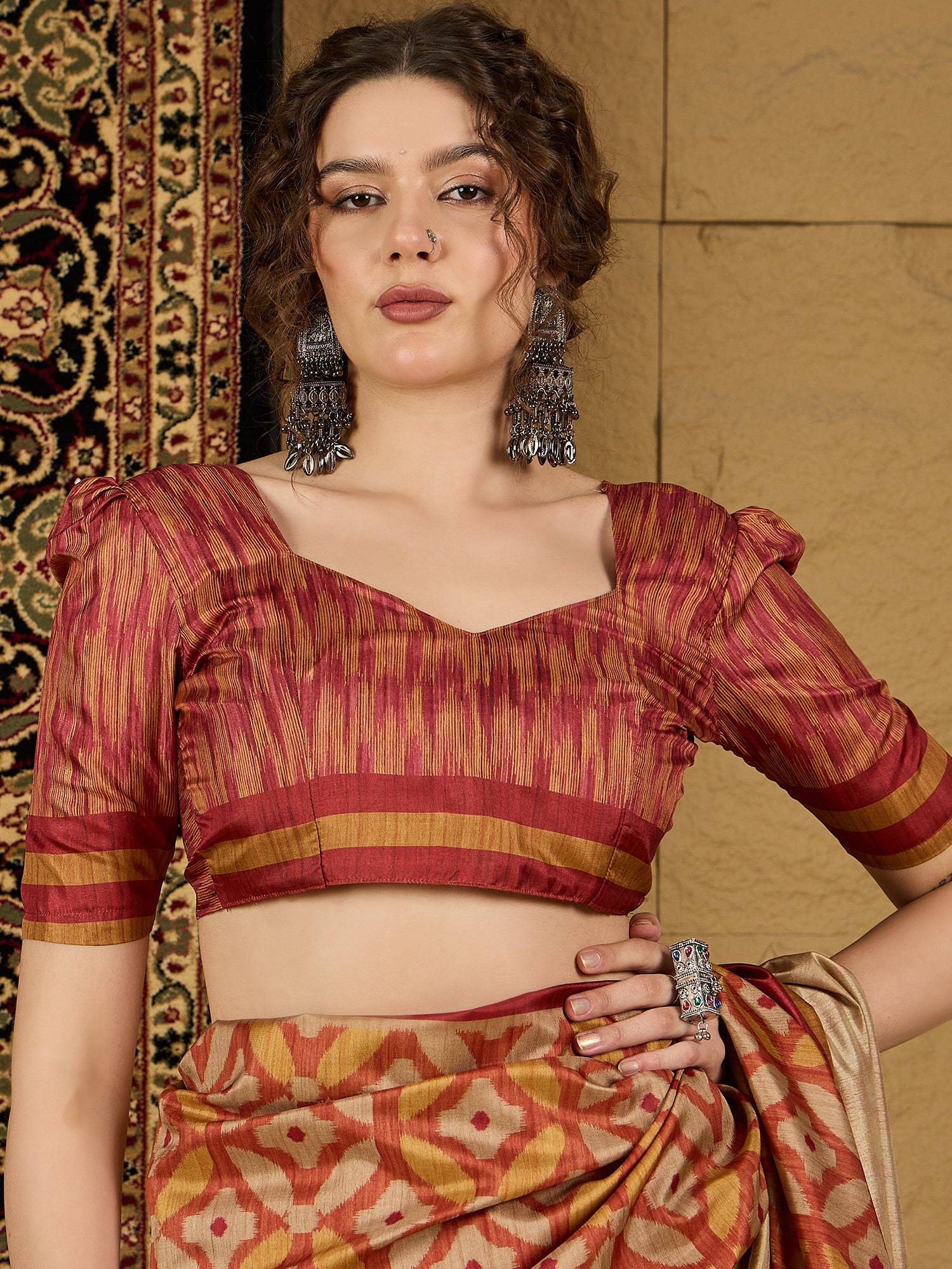 Ikat Print Saree – Contemporary Geometric Designs in Premium Fabric for Effortless Style