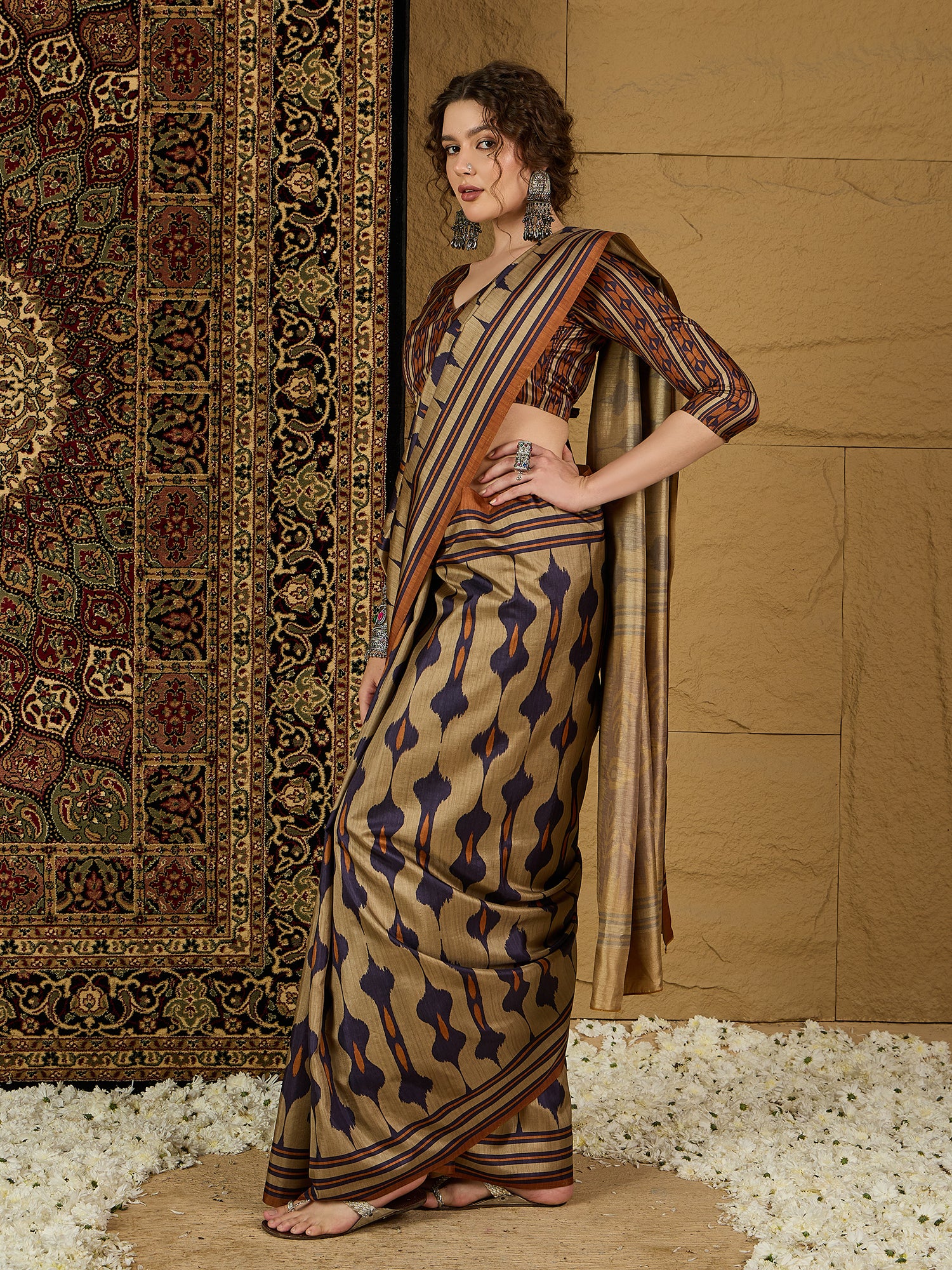Gulabi Nagari Kozi Silk Ikat Print Saree – Stunning Geometric Patterns in Rich Kozi Silk for Festivals & Celebrations