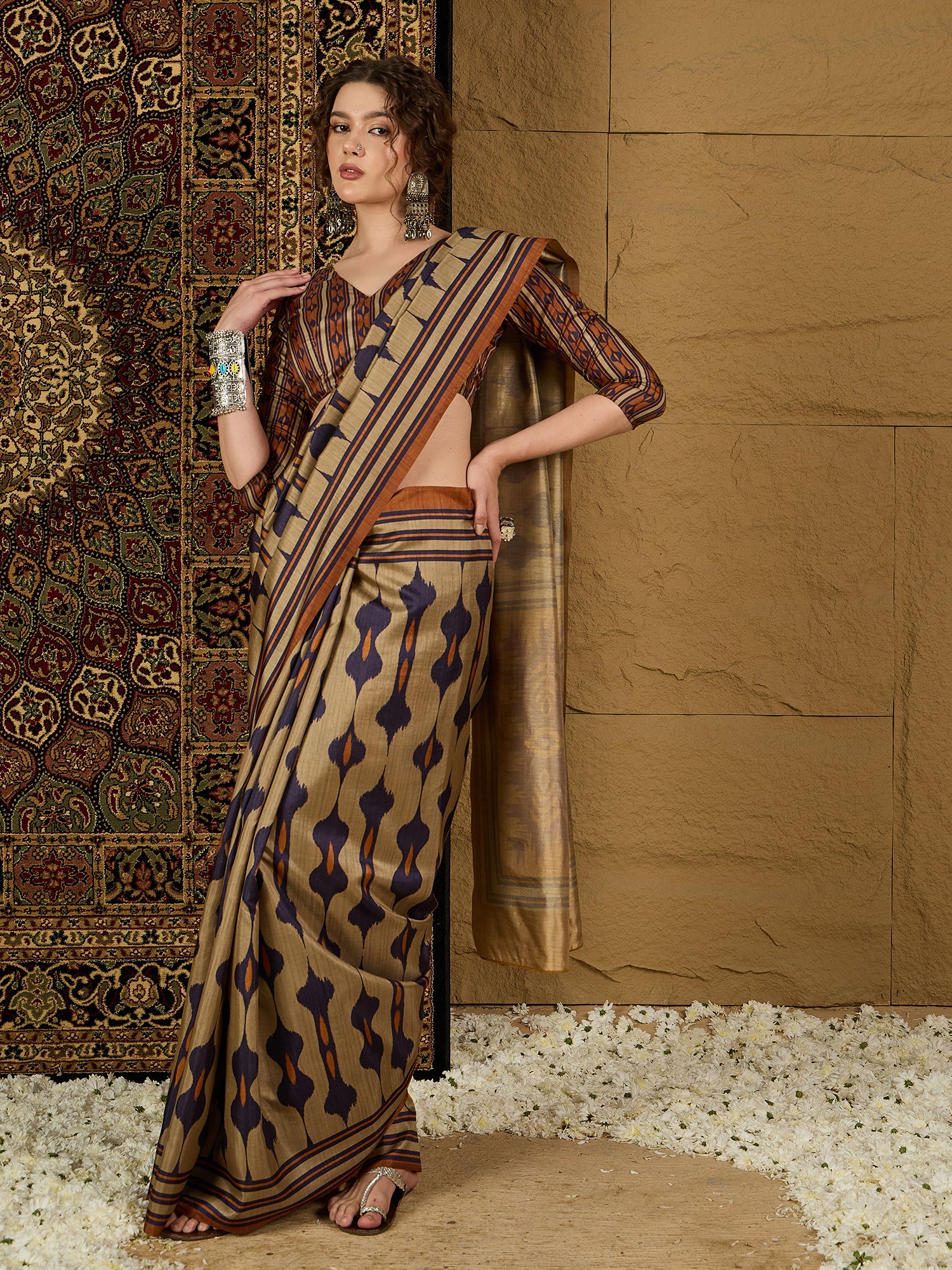 Gulabi Nagari Kozi Silk Ikat Print Saree – Stunning Geometric Patterns in Rich Kozi Silk for Festivals & Celebrations