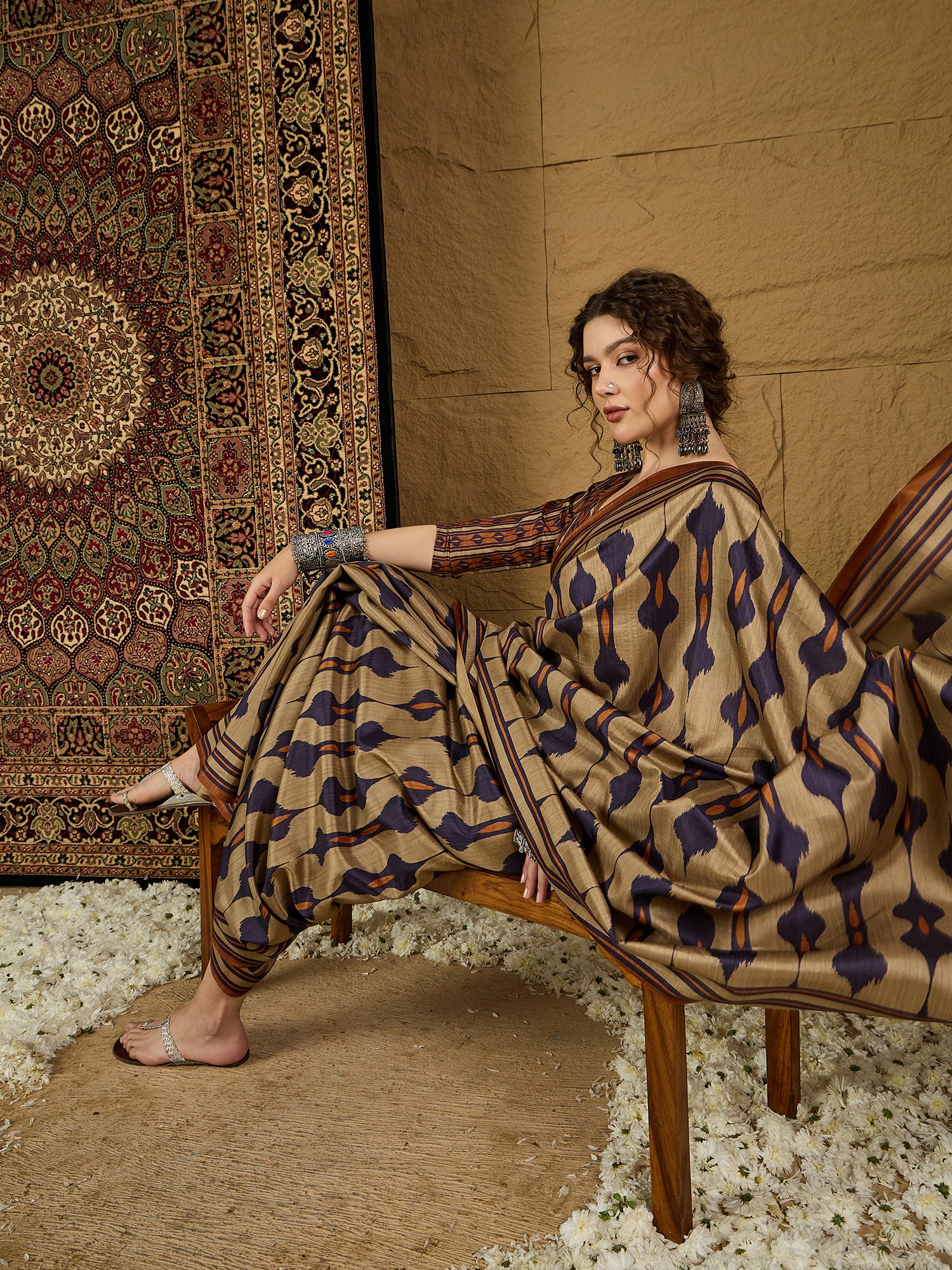 Gulabi Nagari Kozi Silk Ikat Print Saree – Stunning Geometric Patterns in Rich Kozi Silk for Festivals & Celebrations
