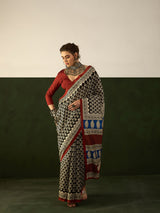 WOMANIYA Women's Hand Batiq with brown Printed Border Uniform Cotton silk Saree - Apple Lifestyle