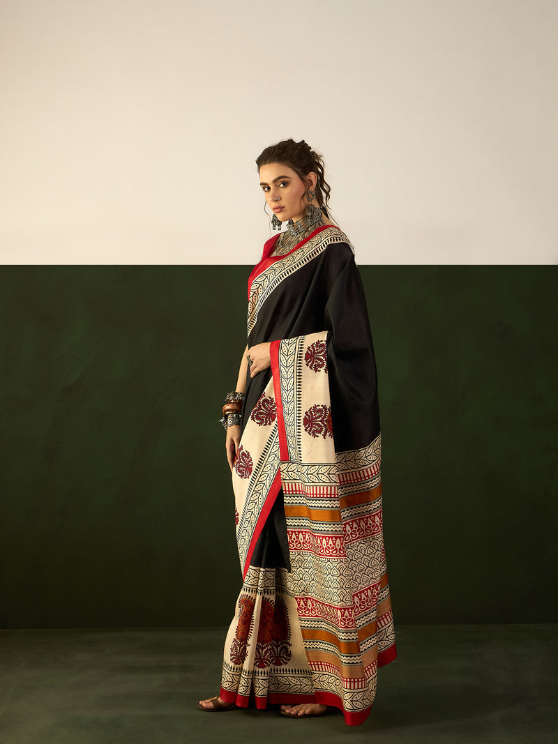 WOMANIYA Ethnic Motifs Floral Printed Art Silk Bhagalpuri Saree - Apple Lifestyle