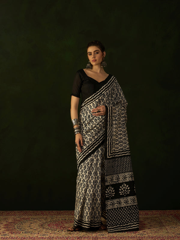 WOMANIYA Women's Hand Batiq with brown Printed Border Uniform Black & white Cotton silk Saree - Apple Lifestyle