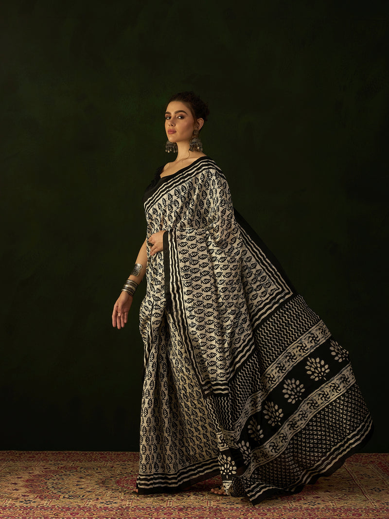 WOMANIYA Women's Hand Batiq with brown Printed Border Uniform Black & white Cotton silk Saree - Apple Lifestyle