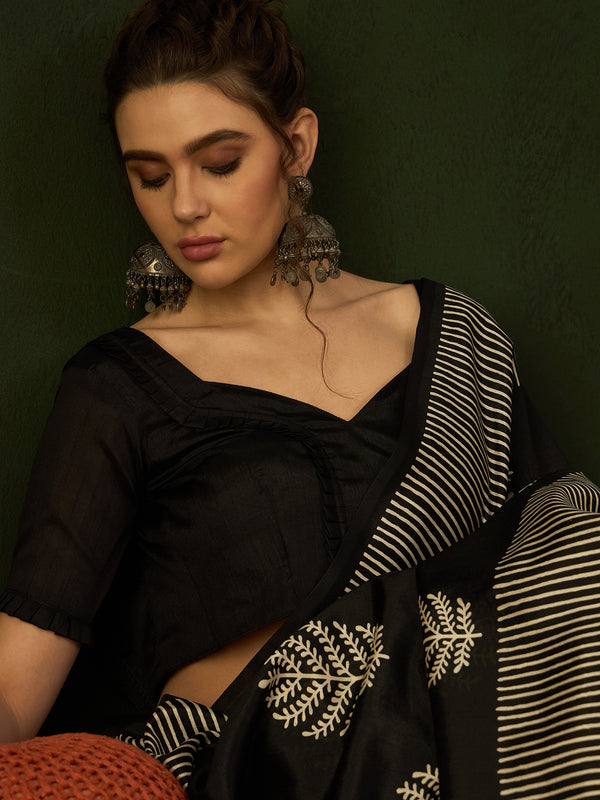 WOMANIYA Women's Cotton silk Geometric Floral printed Black & White combination Saree - Apple Lifestyle