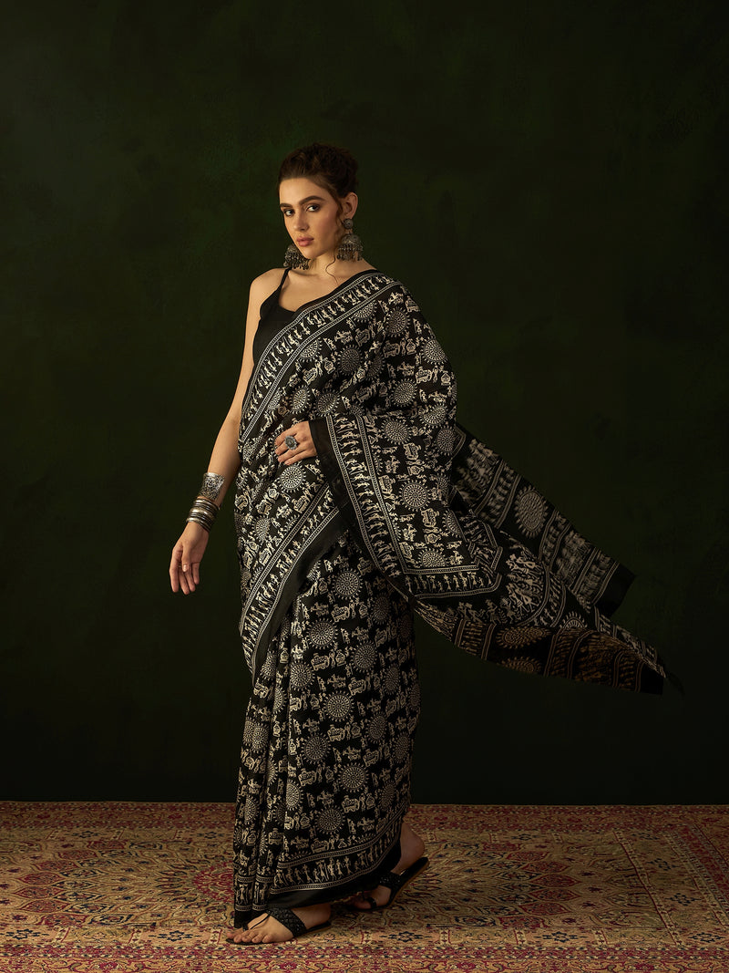 WOMANIYA Women's Tribal Art Warli Print Design Cotton silk Handloom Saree - Apple Lifestyle