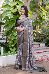 ADHIRA-Elegant Sage Grey Heritage Printed Saree with Rich Antique Zari Border and Traditional Artistic Silk Designer Drape