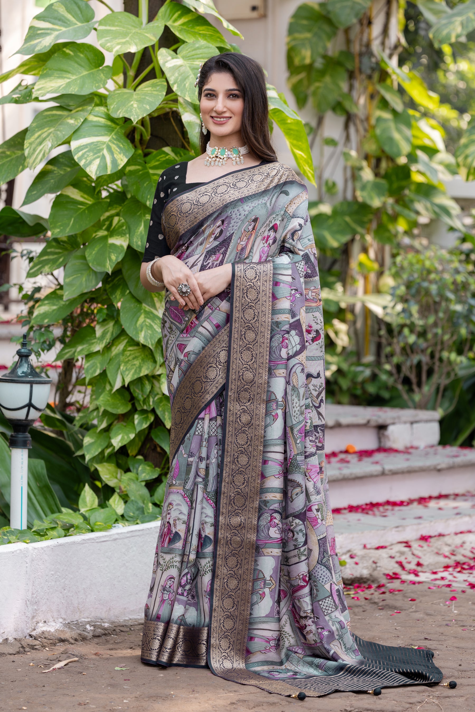 ADHIRA-Elegant Sage Grey Heritage Printed Saree with Rich Antique Zari Border and Traditional Artistic Silk Designer Drape