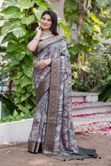 ADHIRA-Elegant Sage Grey Heritage Printed Saree with Rich Antique Zari Border and Traditional Artistic Silk Designer Drape