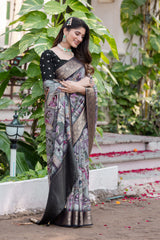 ADHIRA-Elegant Sage Grey Heritage Printed Saree with Rich Antique Zari Border and Traditional Artistic Silk Designer Drape