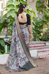 ADHIRA-Elegant Sage Grey Heritage Printed Saree with Rich Antique Zari Border and Traditional Artistic Silk Designer Drape