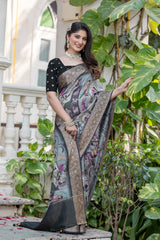 ADHIRA-Elegant Sage Grey Heritage Printed Saree with Rich Antique Zari Border and Traditional Artistic Silk Designer Drape