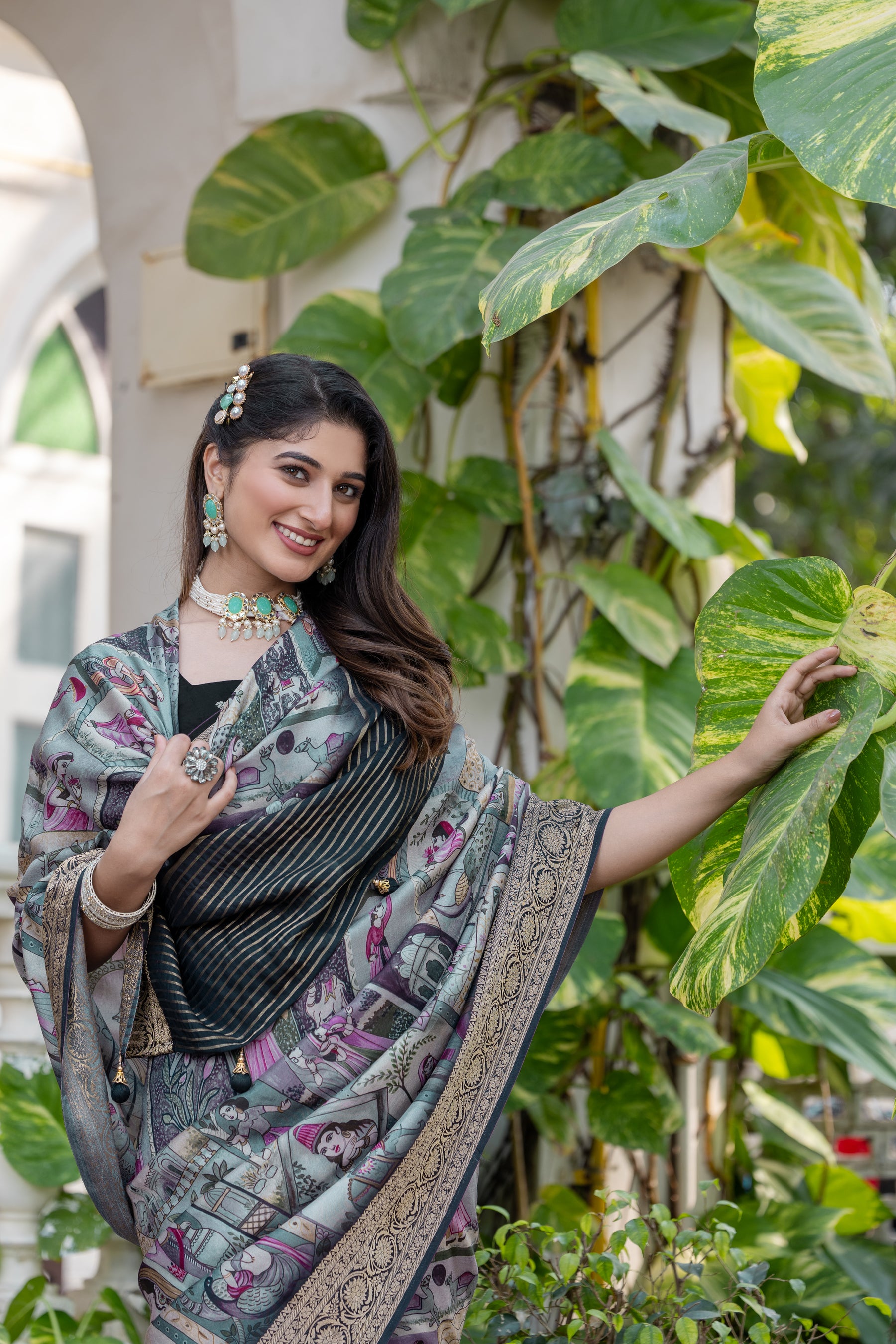 ADHIRA-Elegant Sage Grey Heritage Printed Saree with Rich Antique Zari Border and Traditional Artistic Silk Designer Drape