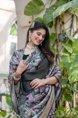 ADHIRA-Elegant Sage Grey Heritage Printed Saree with Rich Antique Zari Border and Traditional Artistic Silk Designer Drape