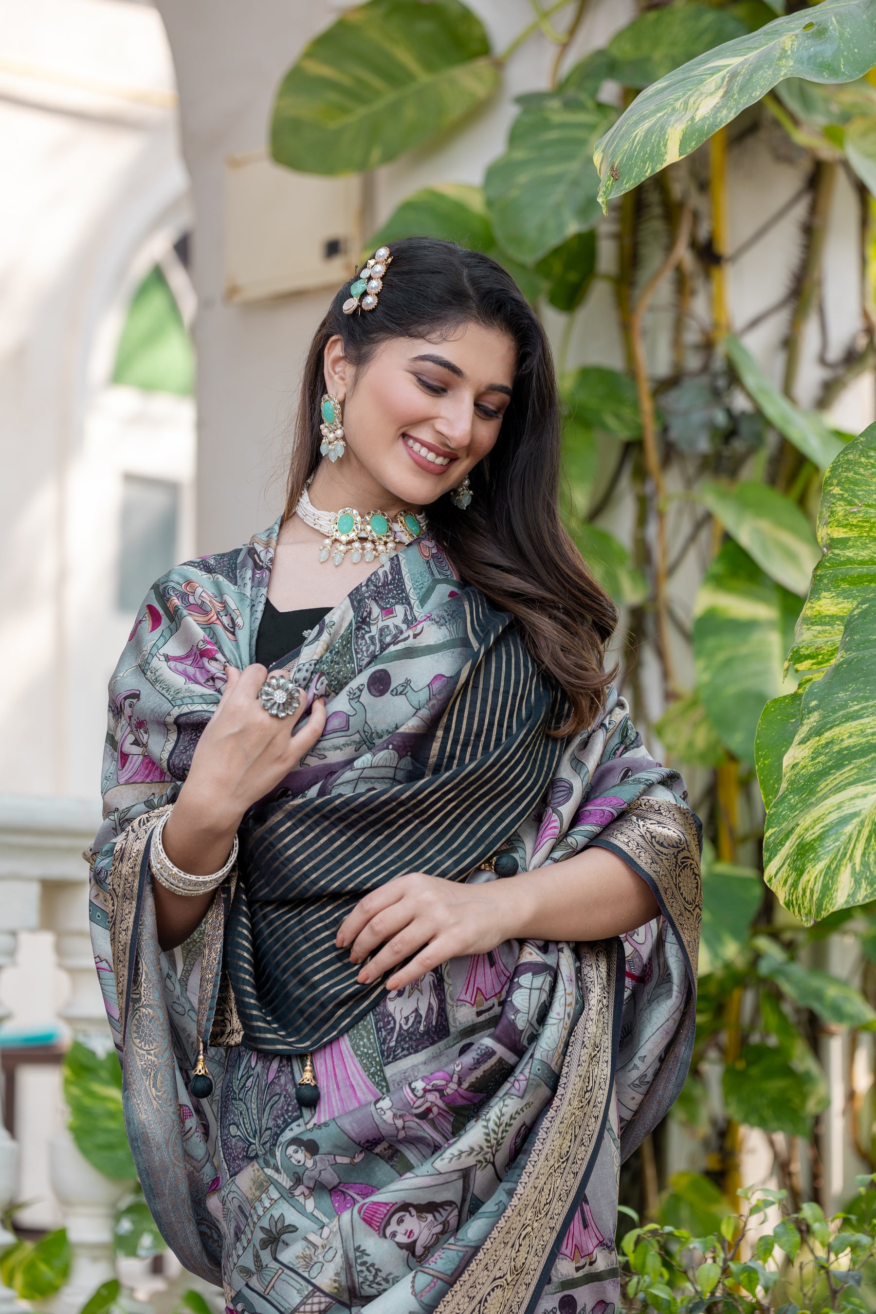 ADHIRA-Elegant Sage Grey Heritage Printed Saree with Rich Antique Zari Border and Traditional Artistic Silk Designer Drape