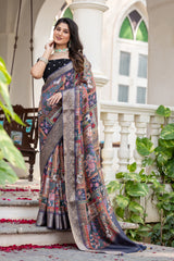 ADHIRA-Royal Navy Blue Heritage Patchwork Printed Saree with Intricate Silver Zari Border and Luxurious Traditional Silk Designer Drape