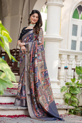 ADHIRA-Royal Navy Blue Heritage Patchwork Printed Saree with Intricate Silver Zari Border and Luxurious Traditional Silk Designer Drape