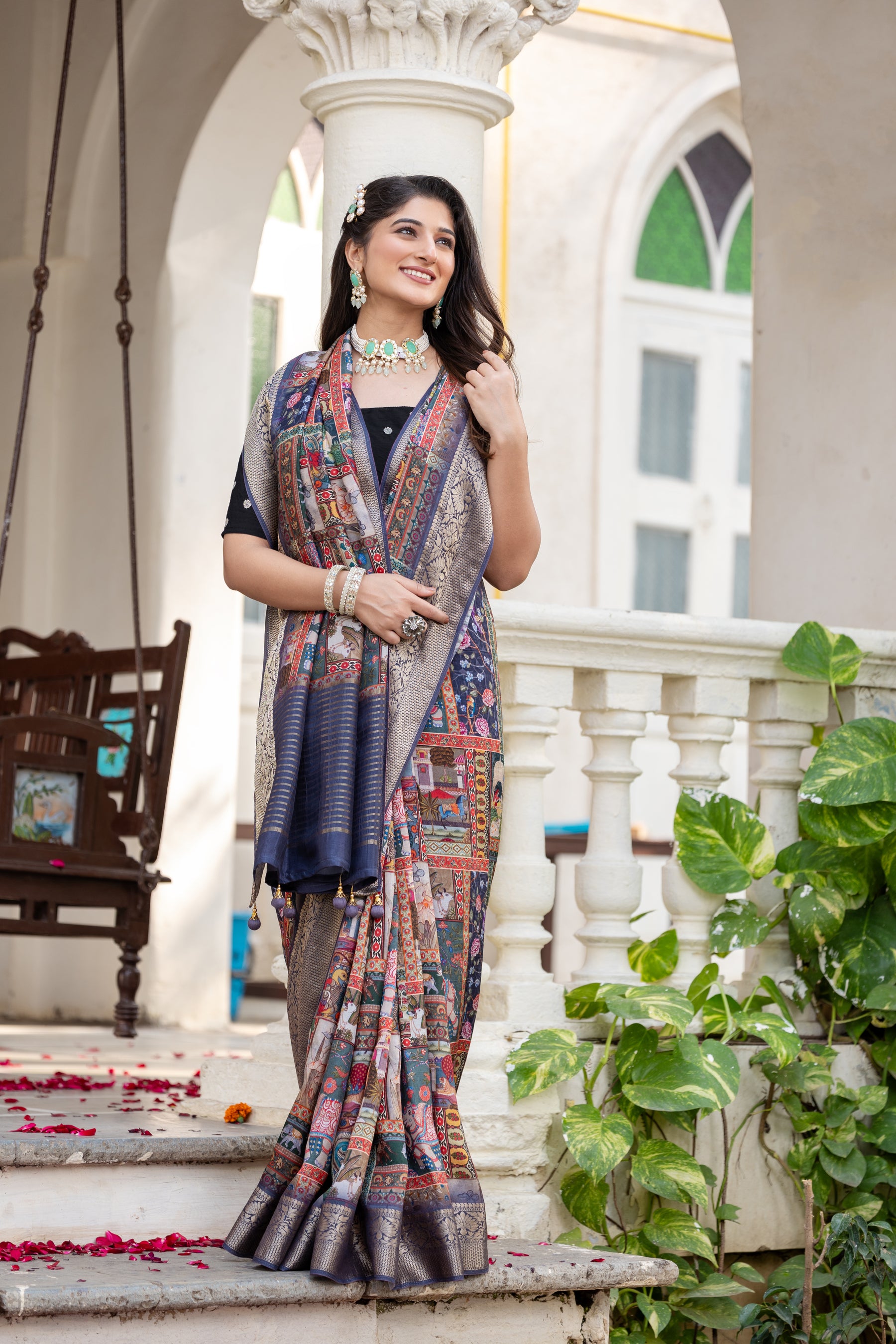 ADHIRA-Royal Navy Blue Heritage Patchwork Printed Saree with Intricate Silver Zari Border and Luxurious Traditional Silk Designer Drape