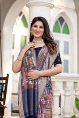 ADHIRA-Royal Navy Blue Heritage Patchwork Printed Saree with Intricate Silver Zari Border and Luxurious Traditional Silk Designer Drape