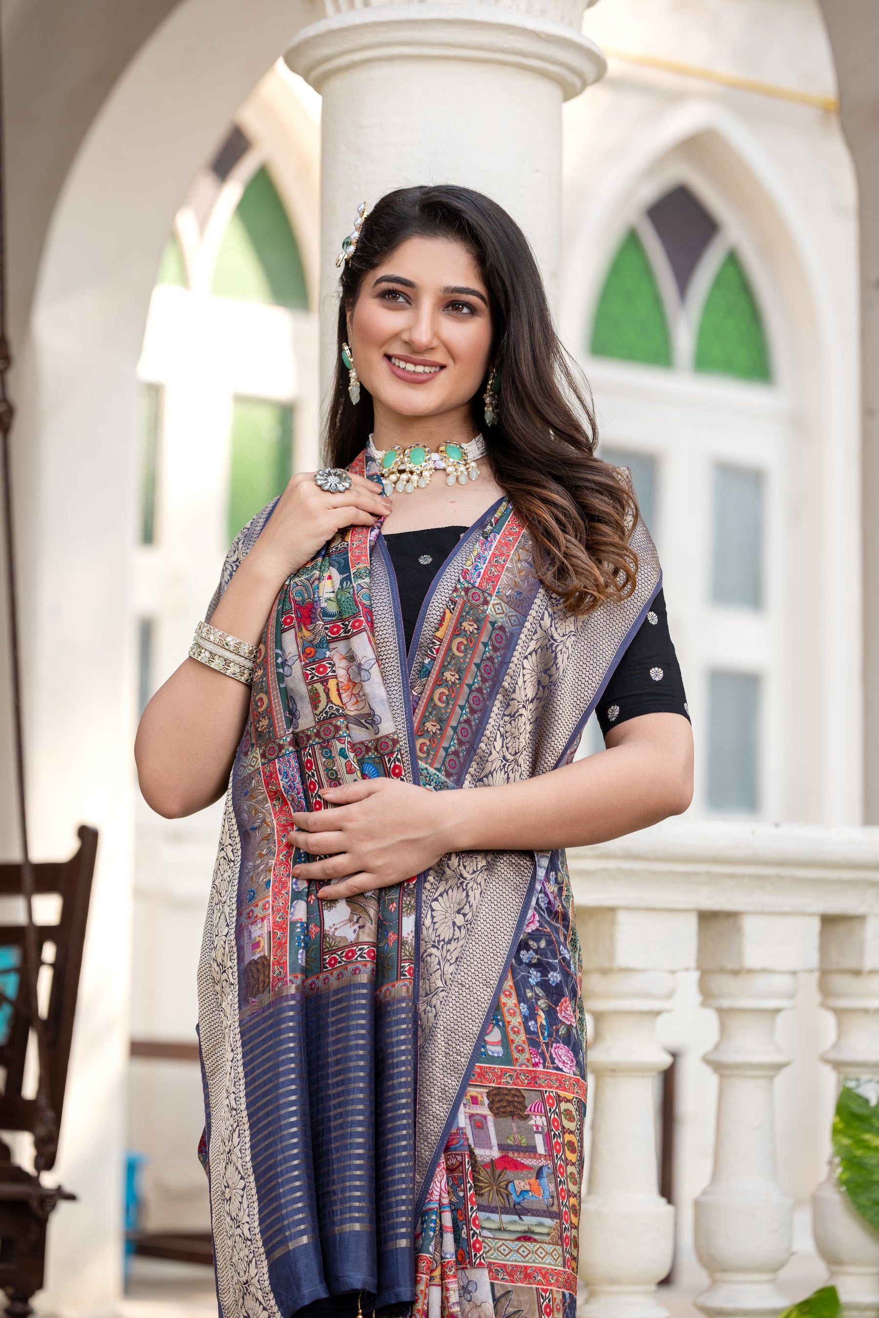 ADHIRA-Royal Navy Blue Heritage Patchwork Printed Saree with Intricate Silver Zari Border and Luxurious Traditional Silk Designer Drape
