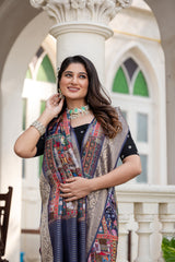 ADHIRA-Royal Navy Blue Heritage Patchwork Printed Saree with Intricate Silver Zari Border and Luxurious Traditional Silk Designer Drape