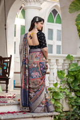ADHIRA-Royal Navy Blue Heritage Patchwork Printed Saree with Intricate Silver Zari Border and Luxurious Traditional Silk Designer Drape