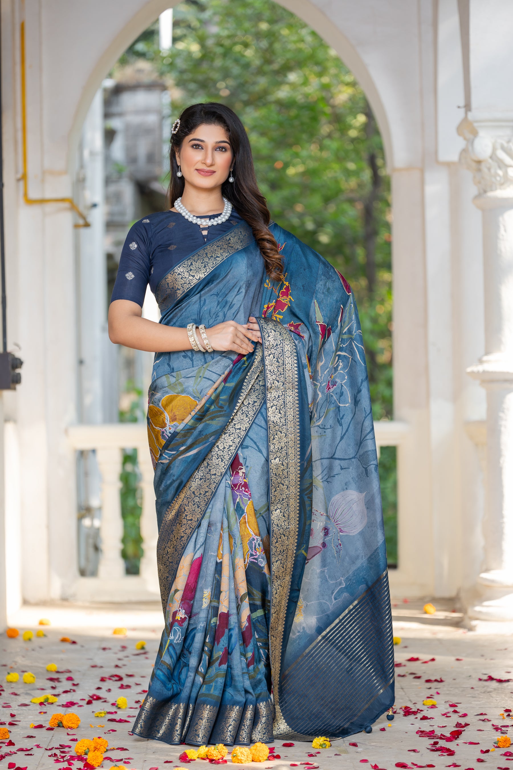ADHIRA-Royal Steel Blue Floral Printed Saree with Rich Silver Zari Border and Elegant Traditional Silk Designer Drape