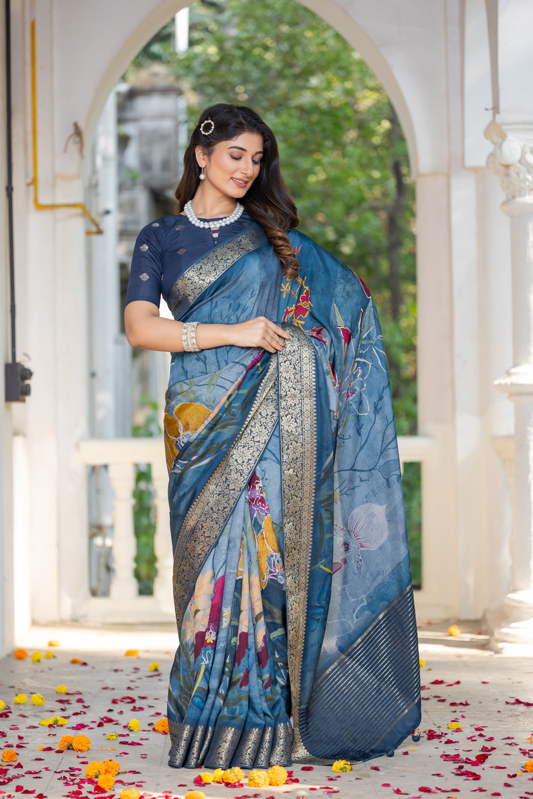 ADHIRA-Royal Steel Blue Floral Printed Saree with Rich Silver Zari Border and Elegant Traditional Silk Designer Drape