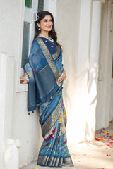 ADHIRA-Royal Steel Blue Floral Printed Saree with Rich Silver Zari Border and Elegant Traditional Silk Designer Drape